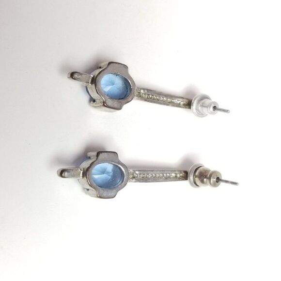 Vintage Blue Rhinestone Silver Tone Stud Drop Earrings, Minimal Design - Picture 5 of 6